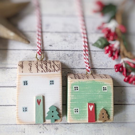 Set of 2 Wooden Christmas House Hanging Decorations