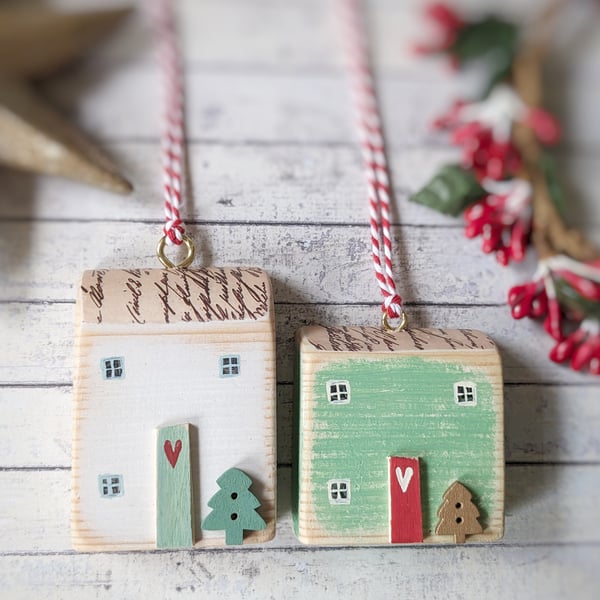 Set of 2 Wooden Christmas House Hanging Decorations