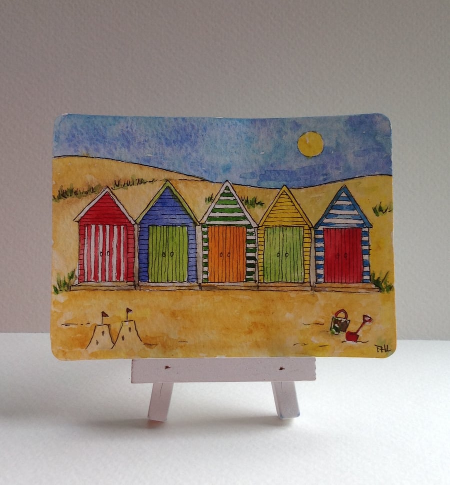 Beach Huts and Sand Dunes original ACEO painting