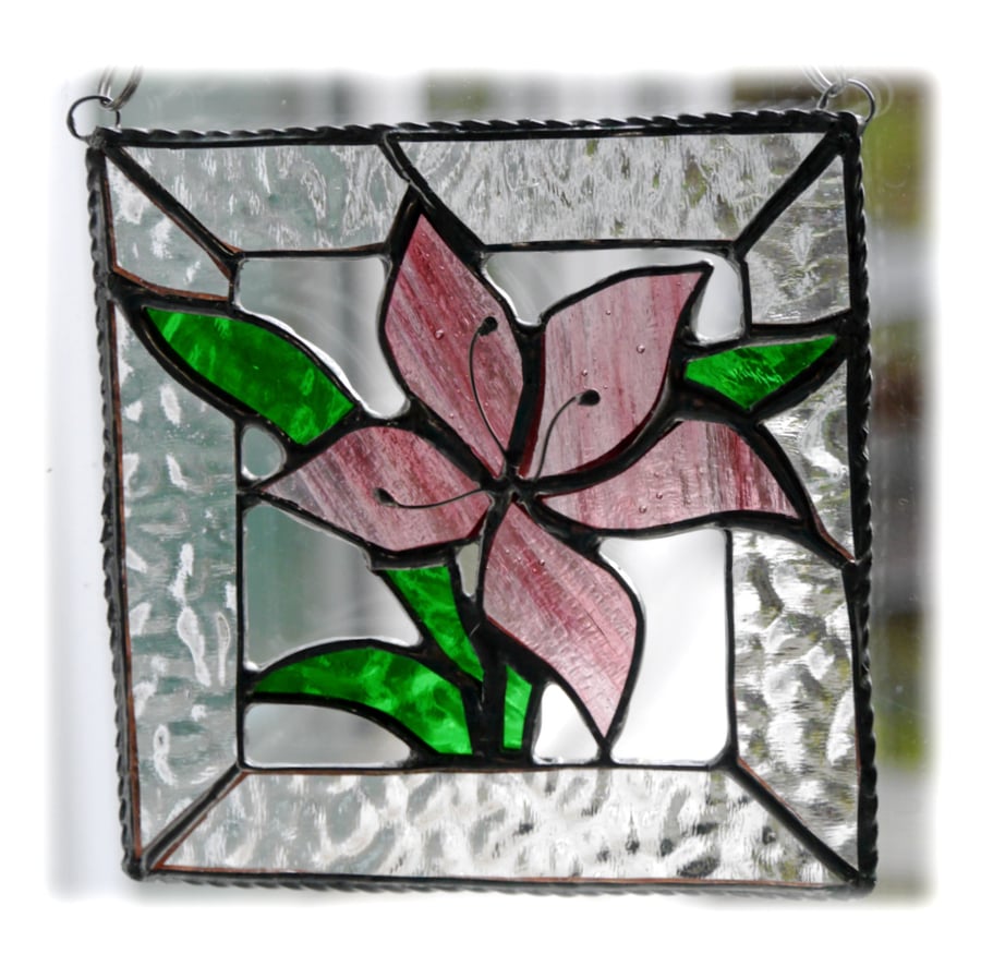 RESERVED Lily Stained Glass Suncatcher Pink Framed 016