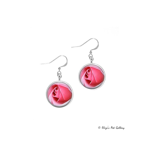 Silver Plated Pink Rose Photo Earrings