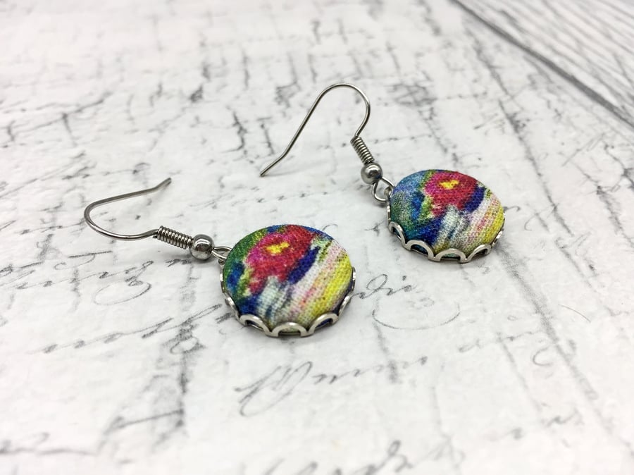 Water Lilies fabric button earrings Monet Impressionist inspired