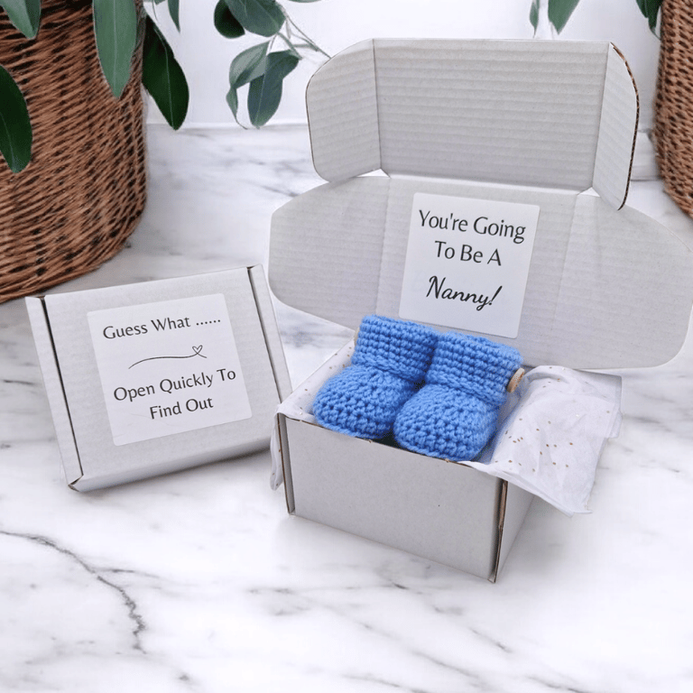 Pregnancy Announcement Nanny-To-Be – Crochet Baby Booties in Gift Box