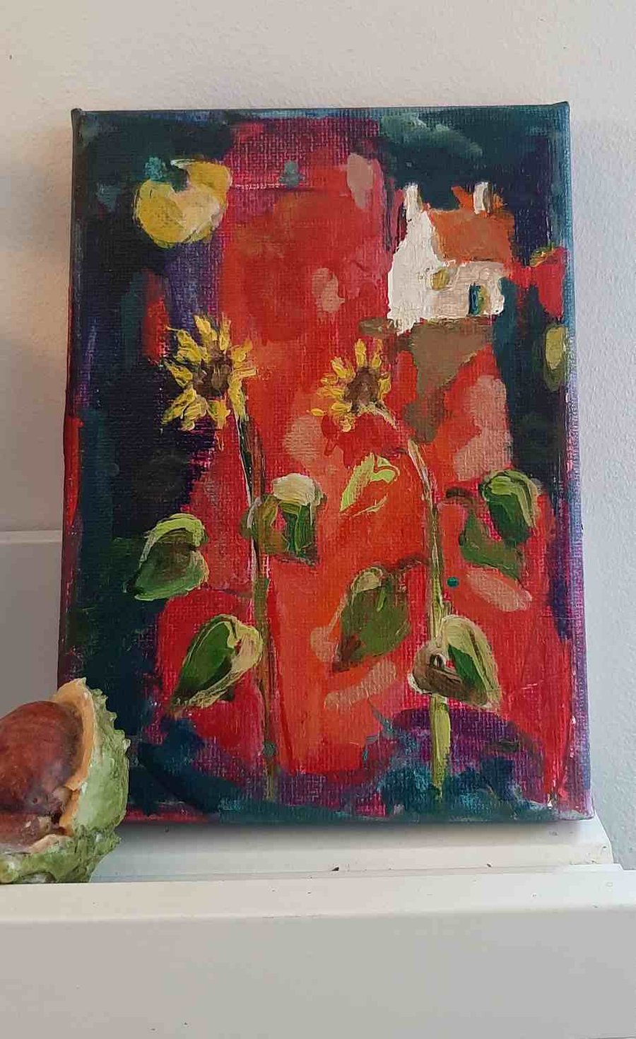 Pretty pink sunflower and cottage painting 