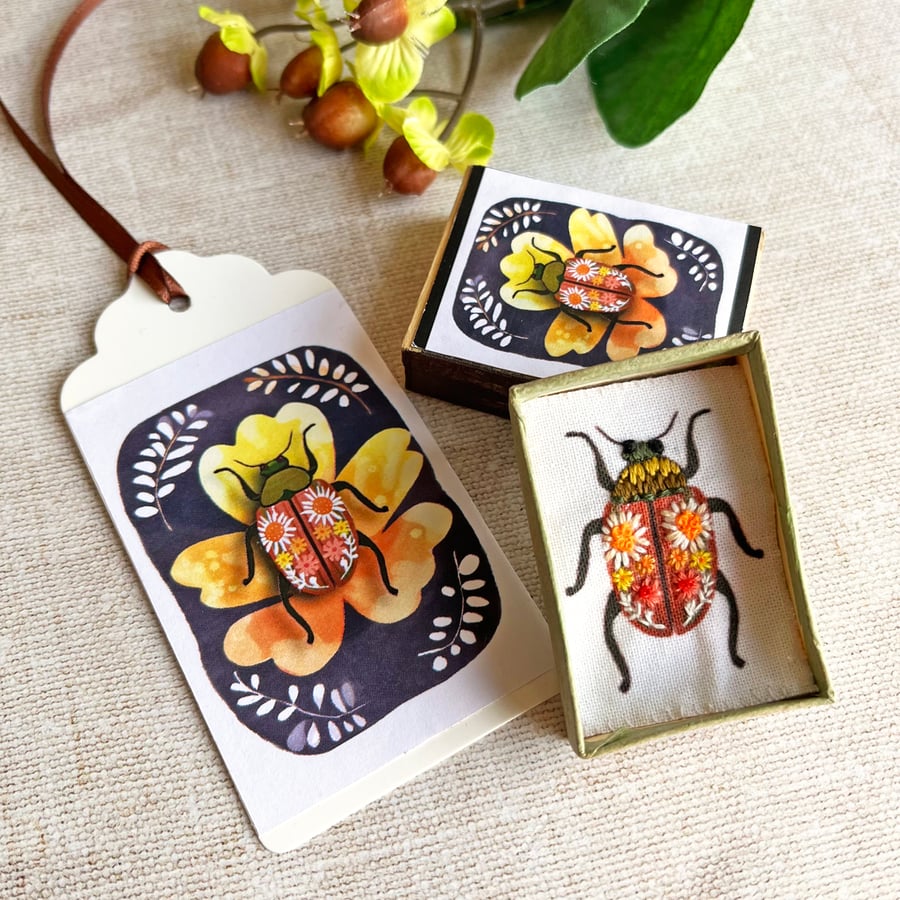 Embroidered beetle in upcycled vintage matchbox, Perfectly Imperfect