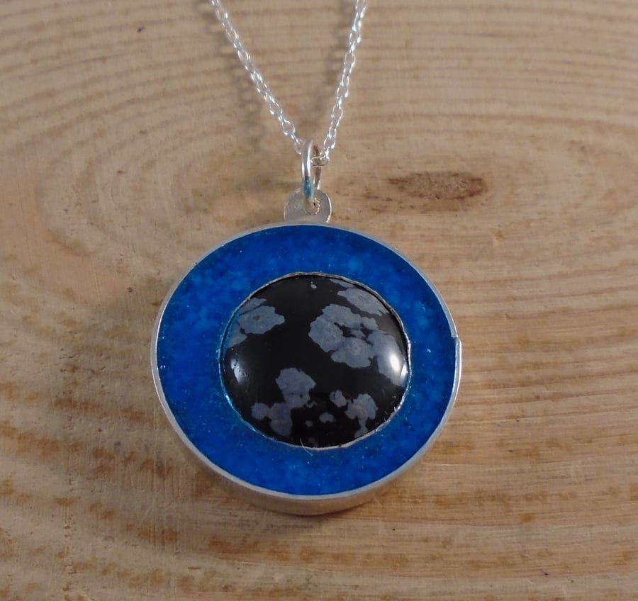 Sterling Silver Snowflake Obsidian and Glow in the Dark Inlay Necklace