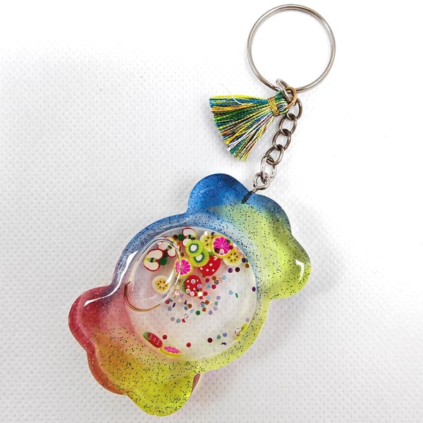 Rainbow Candy Resin Keyring: Handmade Kawaii Shaker Charm