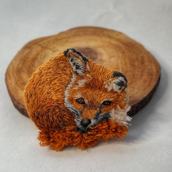 Hand embroidered sleepy Fox Brooch