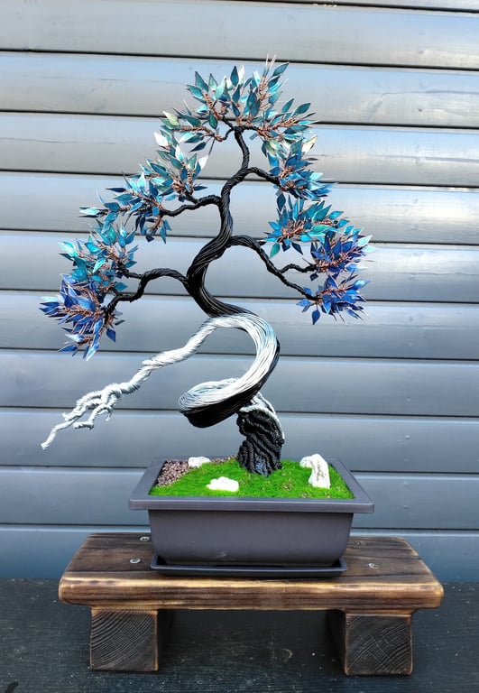 Blue Wire Bonsai Tree Sculpture, Handmade Fantasy Tree Art