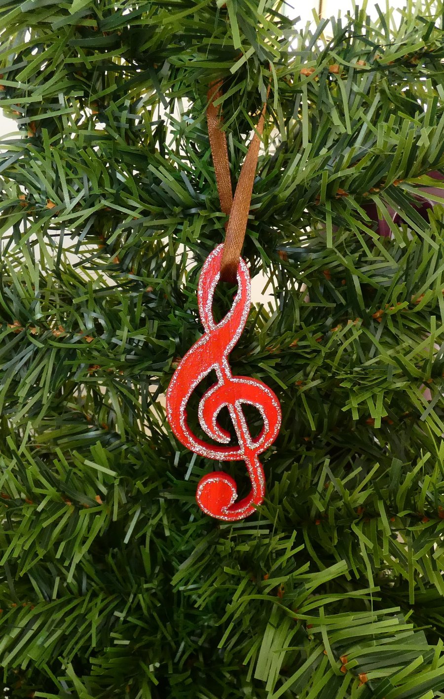 Unique Wooden Red Treble Clef with Silver Glitter Christmas Tree Decoration