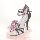 Black strappy high heeled sandals original watercolour painting