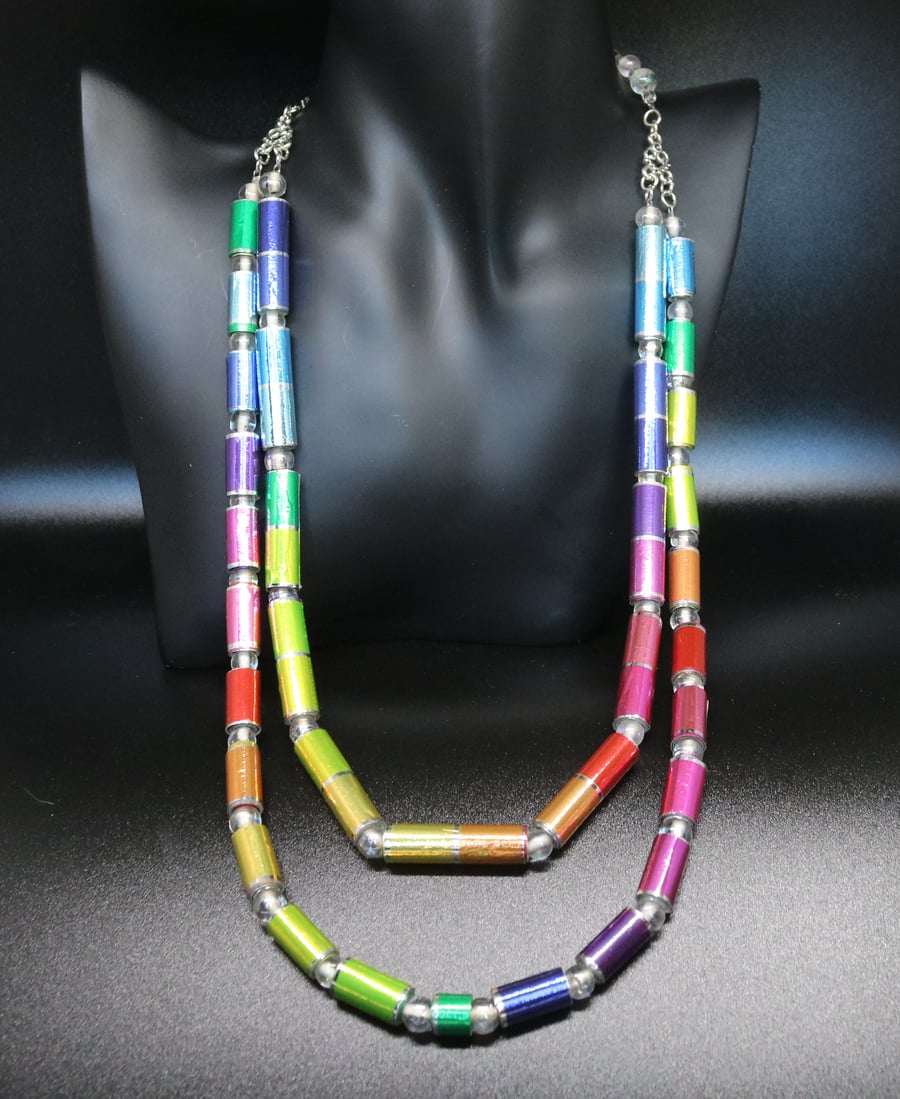 Rainbow Double stranded paper beaded necklace