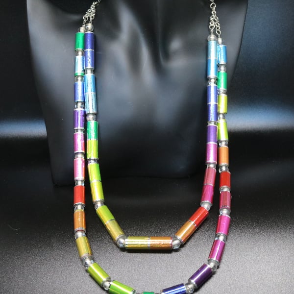 Rainbow Double stranded paper beaded necklace