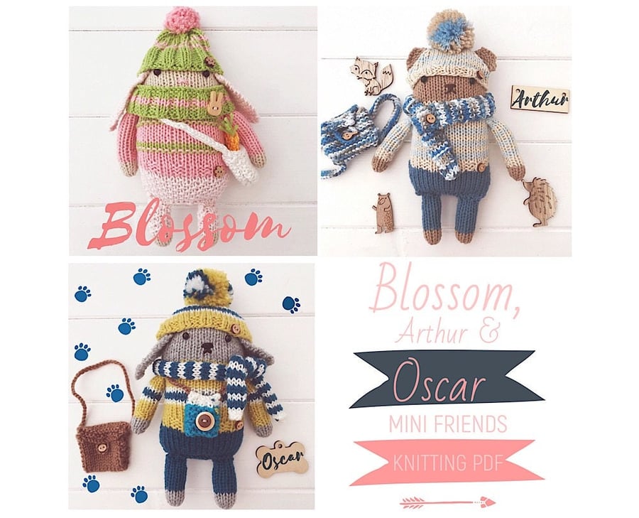 Digital PDF Knitting Pattern for Rabbit, Dog & Bear Mini Toys & Accessories  