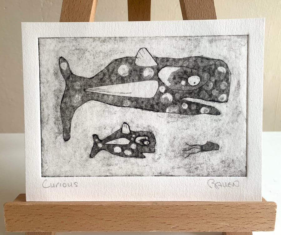 Baby whale hand printed dry point etching print