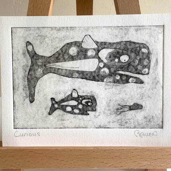 Baby whale hand printed dry point etching print