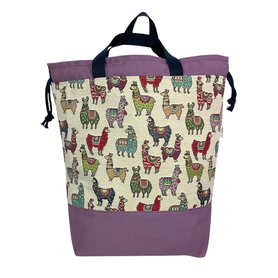 Extra Large canvas drawstring knitting bag with llamas print, many pockets