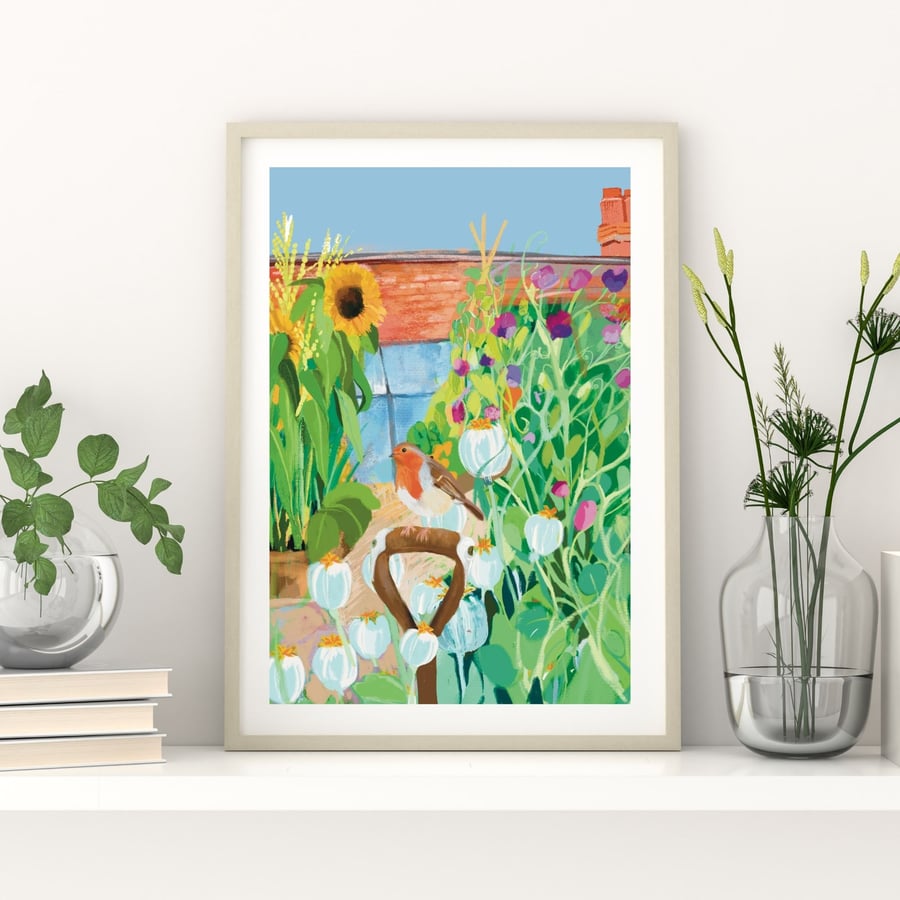Garden roblin illustration art print veg flowers art 