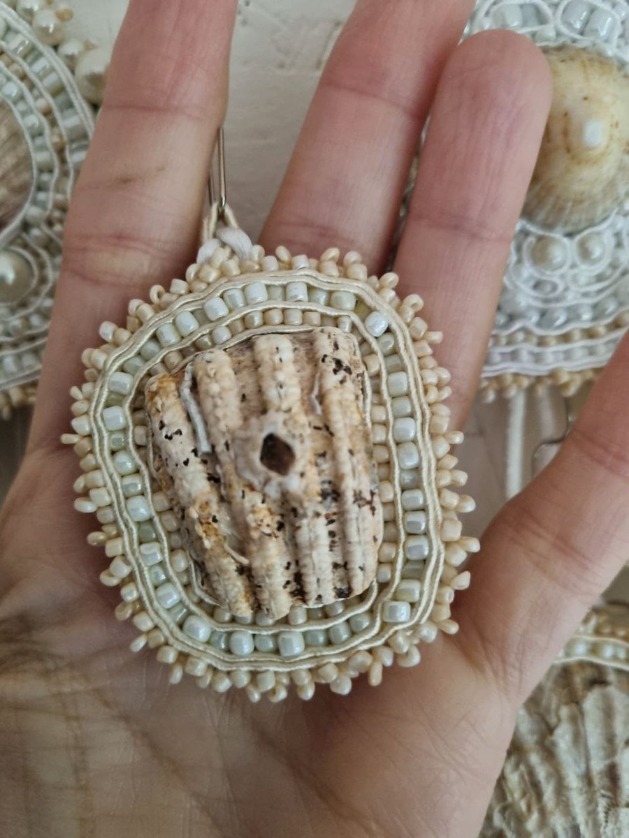 Three Paths – Beige Sea Shell Amulet with Cream Beads and Soutache