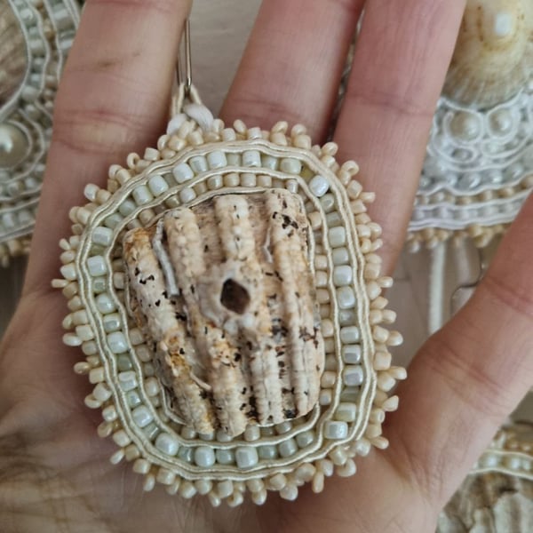 Three Paths – Beige Sea Shell Amulet with Cream Beads and Soutache