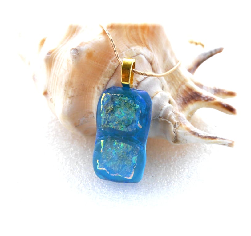 Turquoise Dichroic Glass Pendant 133 Florentine Sparkle with gold plated chain