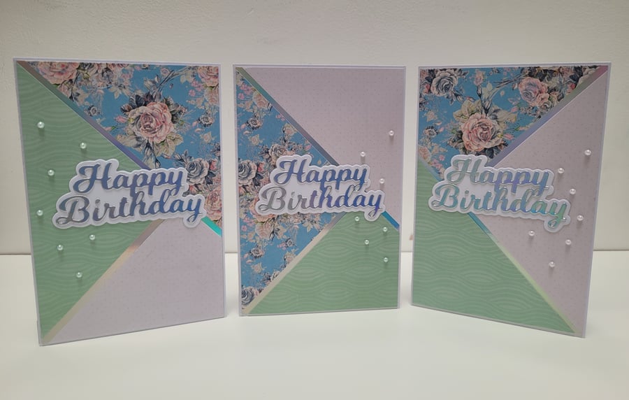 Set of 3 Birthday Cards - Coordinating set with Holographic Card & Pearls 