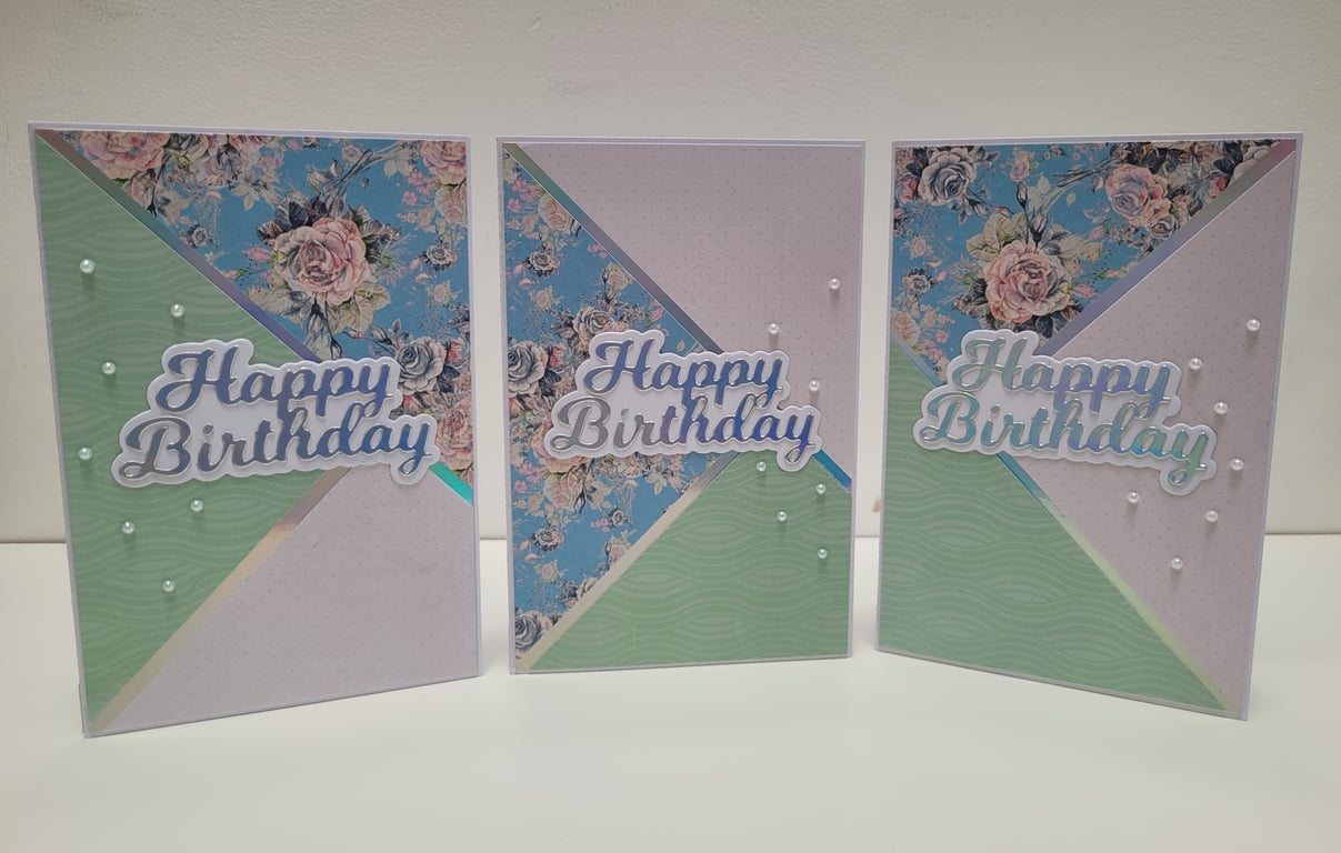 Set of 3 Birthday Cards - Coordinating set with Holographic Card & Pearls 