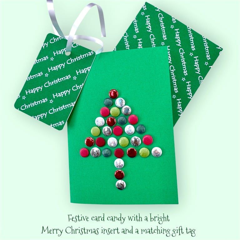 Christmas card and matching gift tag, abstract tree of festive card candy
