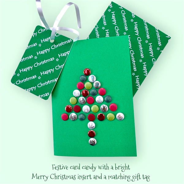 Christmas card and matching gift tag, abstract tree of festive card candy
