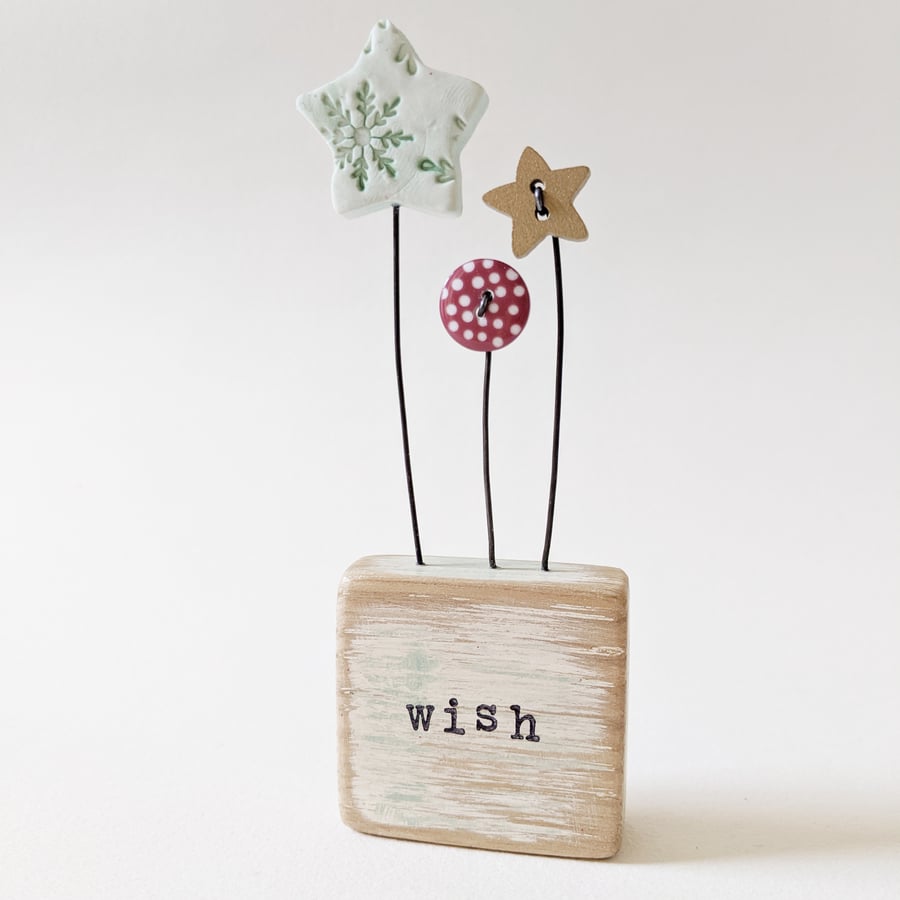 Clay Star and Buttons in a Painted Wood Block 'Wish'