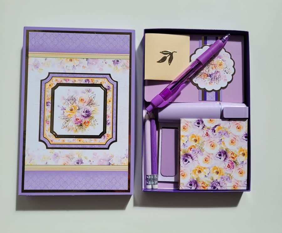 Lilac Floral Stationery Set - Incl Notebooks, Pencils, Highlighter & Bookmark