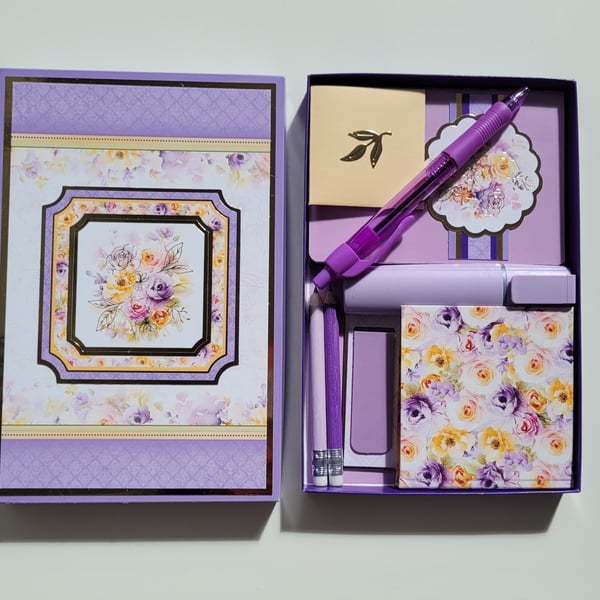Lilac Floral Stationery Set - Incl Notebooks, Pencils, Highlighter & Bookmark