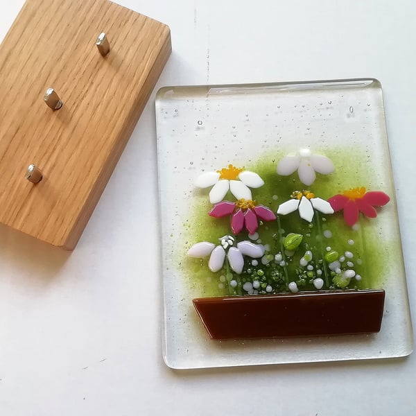 Fused Glass Flower Art: Freestanding Floral Panel on Oak Stand