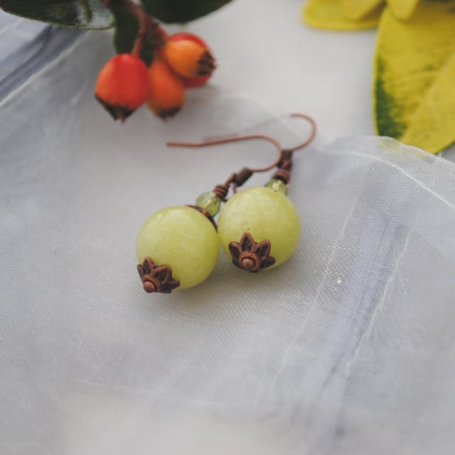 Green jade & crystal copper earrings