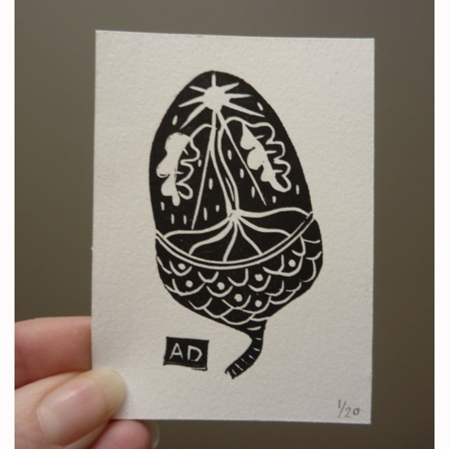 "from little acorns" ACEO lino print