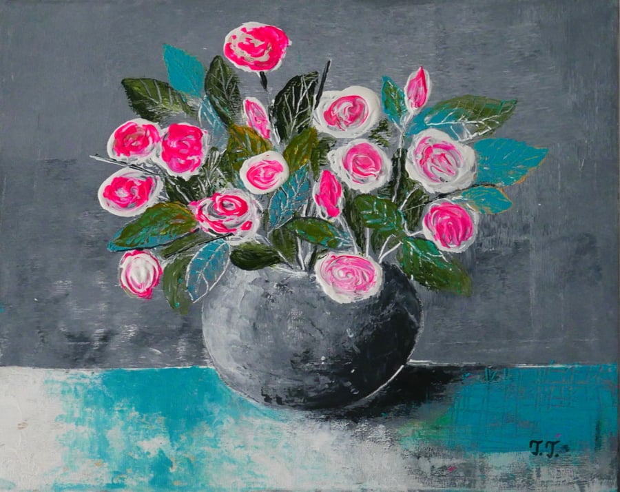 Pink Splendour, Original Rose Painting, Still-Life Artwork, Contemporary Art
