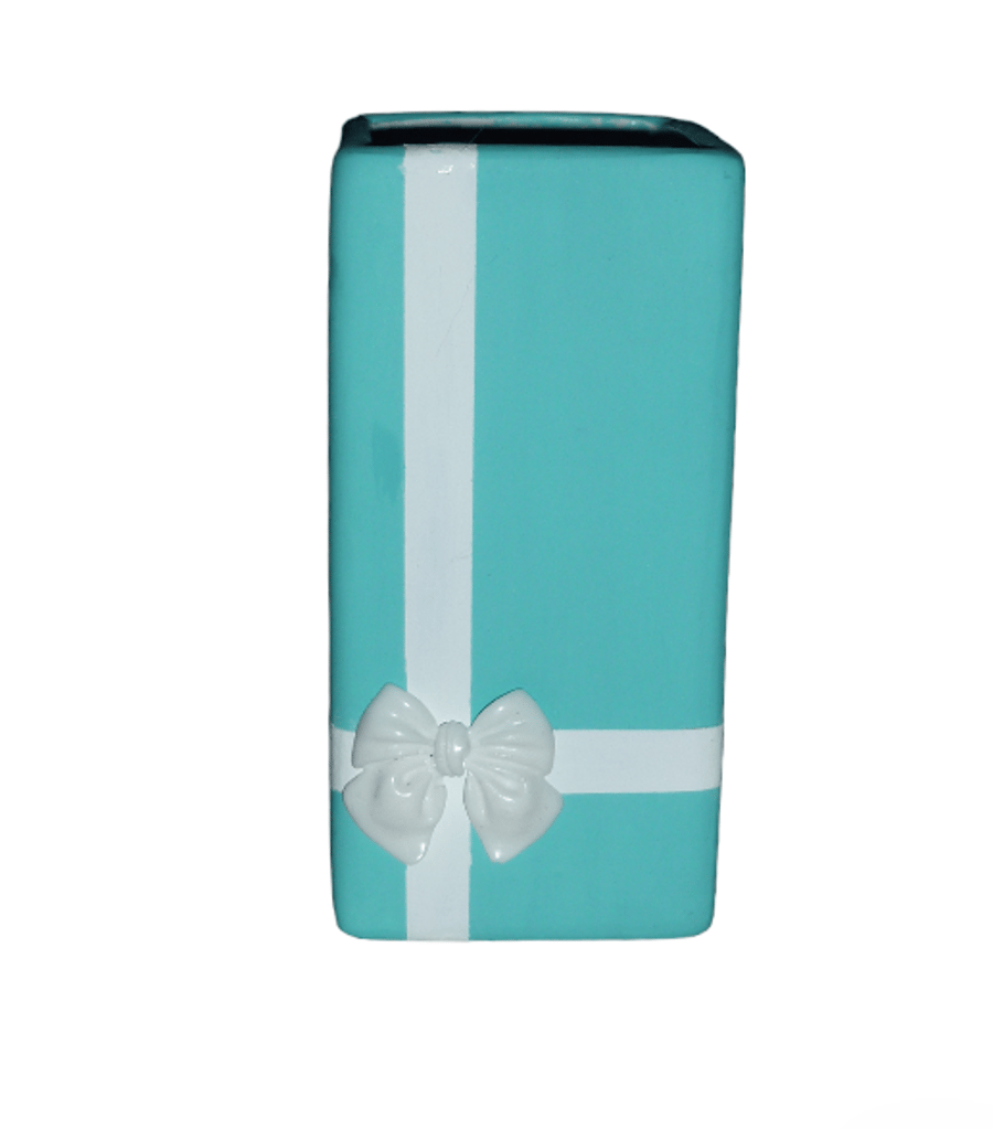 Turquoise Blue Vase with white detail