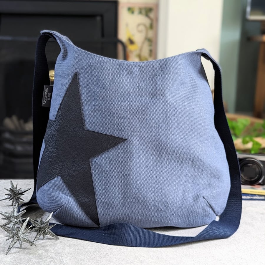 Cross Body Shoulder Bag with Leather Star. CrossBody Hobo Tote Bag. P&P Included