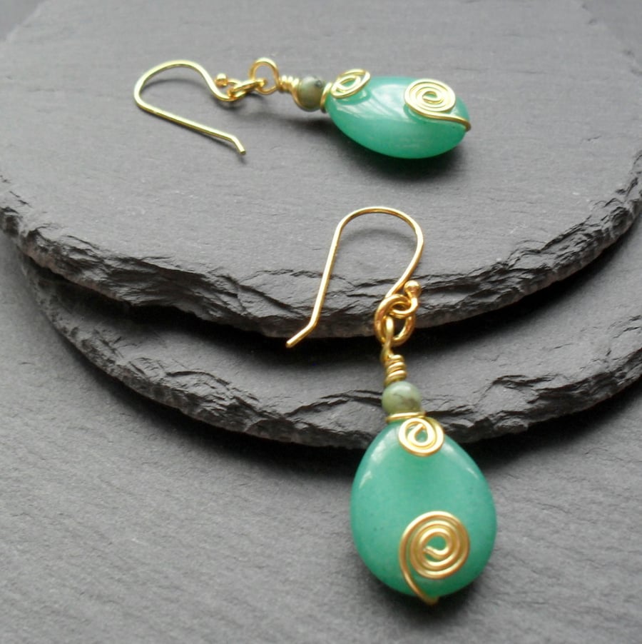 Green Quartzite and African Turquoise Drop Gold Plated Earrings