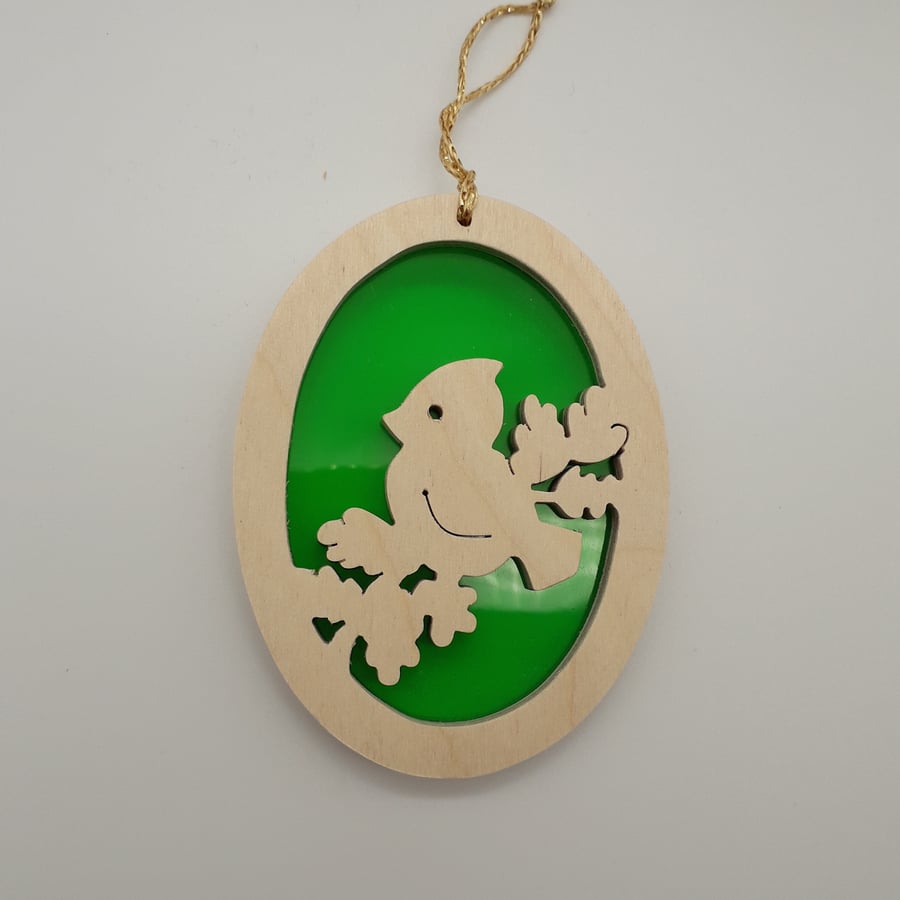 Christmas Tree Decoration or Sun Catcher in Wood and Acrylic (Bird on Branch)