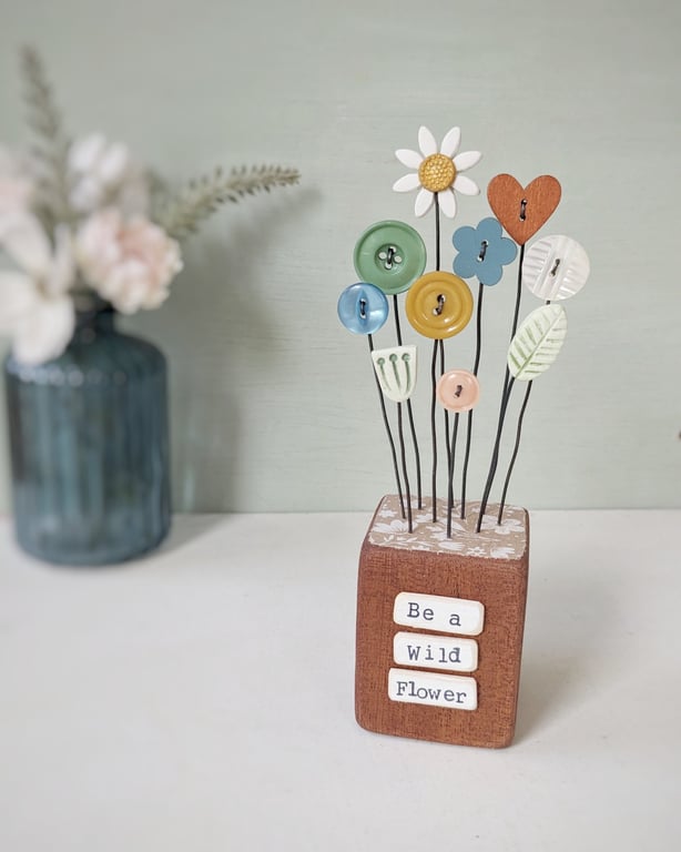 Clay Flower and Button Garden in a Wood Block 'Be a Wild Flower'