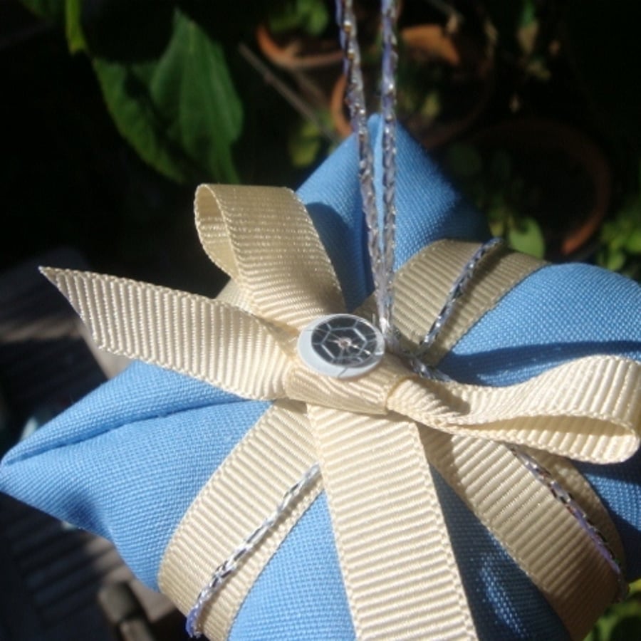 Handmade Christmas Tree Decoration, blue parcel or present with ribbon