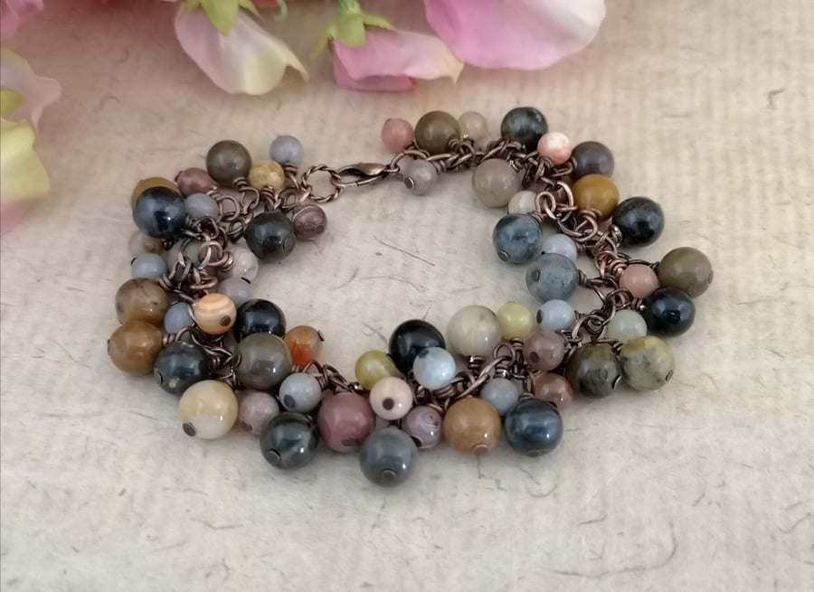 Charm style jasper gemstone bracelet with copper chain