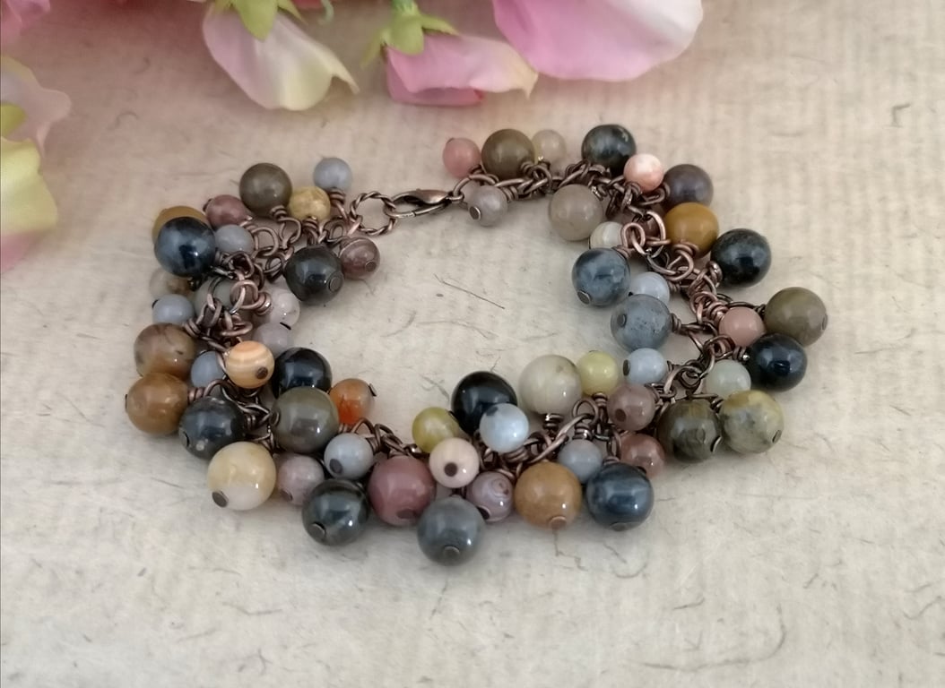 Charm style jasper gemstone bracelet with copper chain