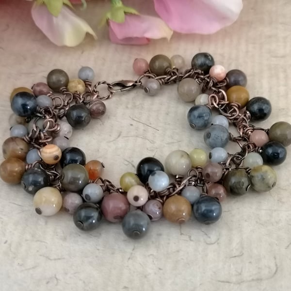 Charm style jasper gemstone bracelet with copper chain