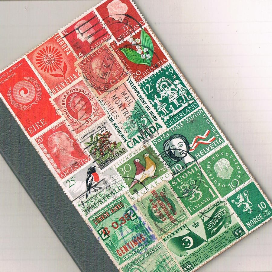 Festive A6 Notebook - upcycled vintage world postage stamp collage, mail art