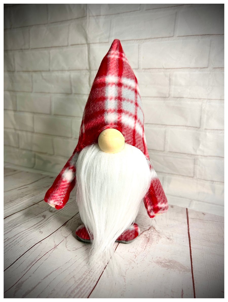 Handmade Made Soft Fleece Red and Grey Checked Gonk, Nordic Gnome, Swedish Tomte