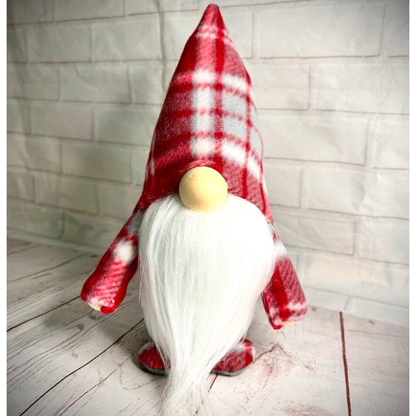 Handmade Made Soft Fleece Red and Grey Checked Gonk, Nordic Gnome, Swedish Tomte