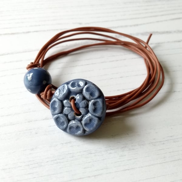 Vegan Flower Button Wrap Bracelet in Denim Blue