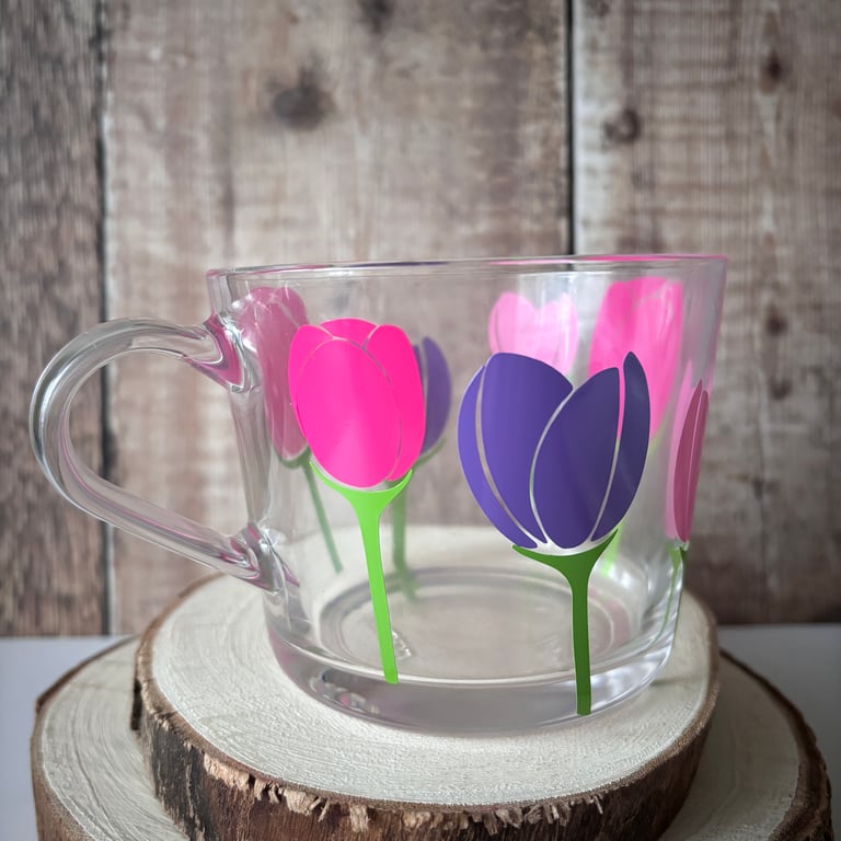 Tulip Glass Mug, Floral Glass Mug, Spring Flower Cup, Botanical Gift